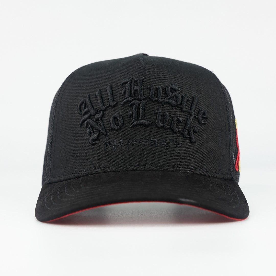 NEW! ALL HUSTLE NO LUCK BLACK SUELA ROJA TRUCKER