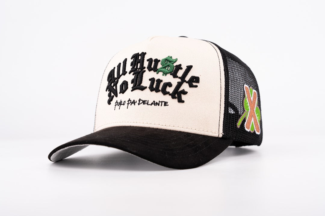 NEW! ALL HUSTLE NO LUCK OFF-WHITE & BLACK TRUCKER SNAPBACK