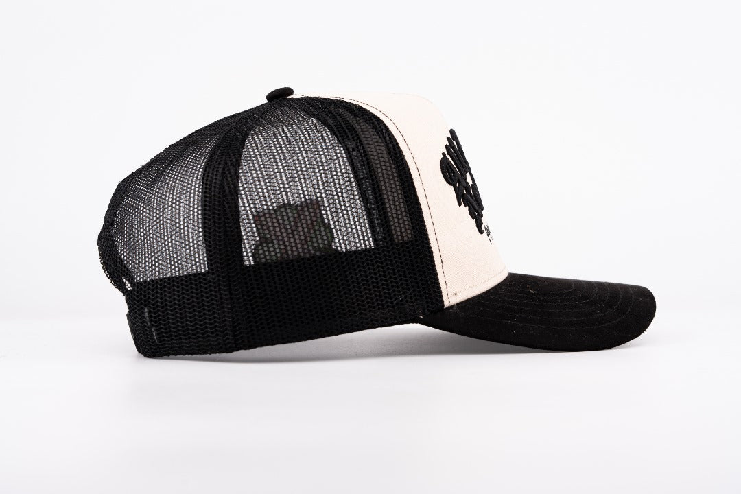 NEW! ALL HUSTLE NO LUCK OFF-WHITE & BLACK TRUCKER SNAPBACK