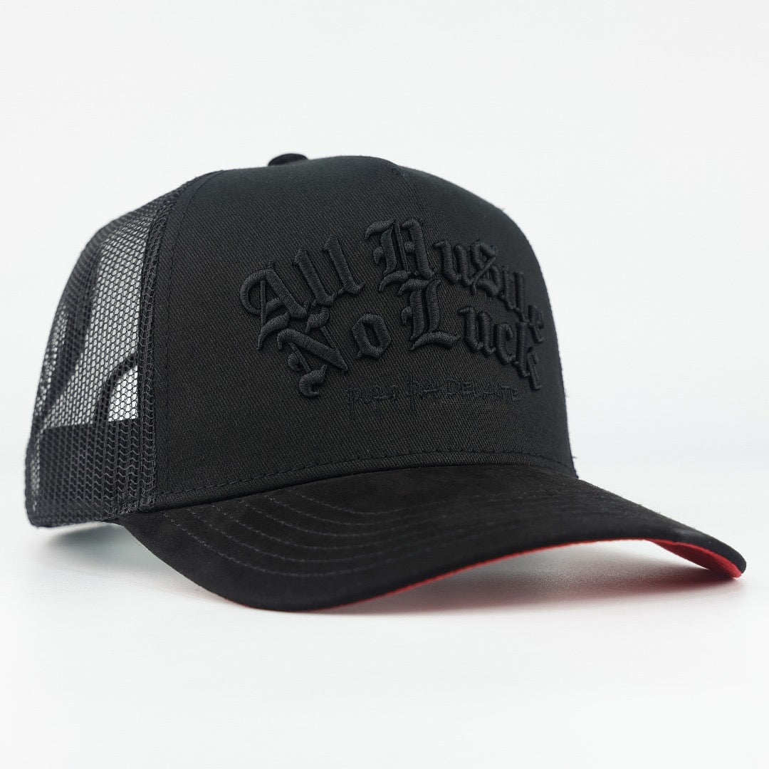 NEW! ALL HUSTLE NO LUCK BLACK SUELA ROJA TRUCKER