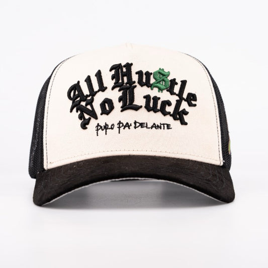 NEW! ALL HUSTLE NO LUCK OFF-WHITE & BLACK TRUCKER SNAPBACK