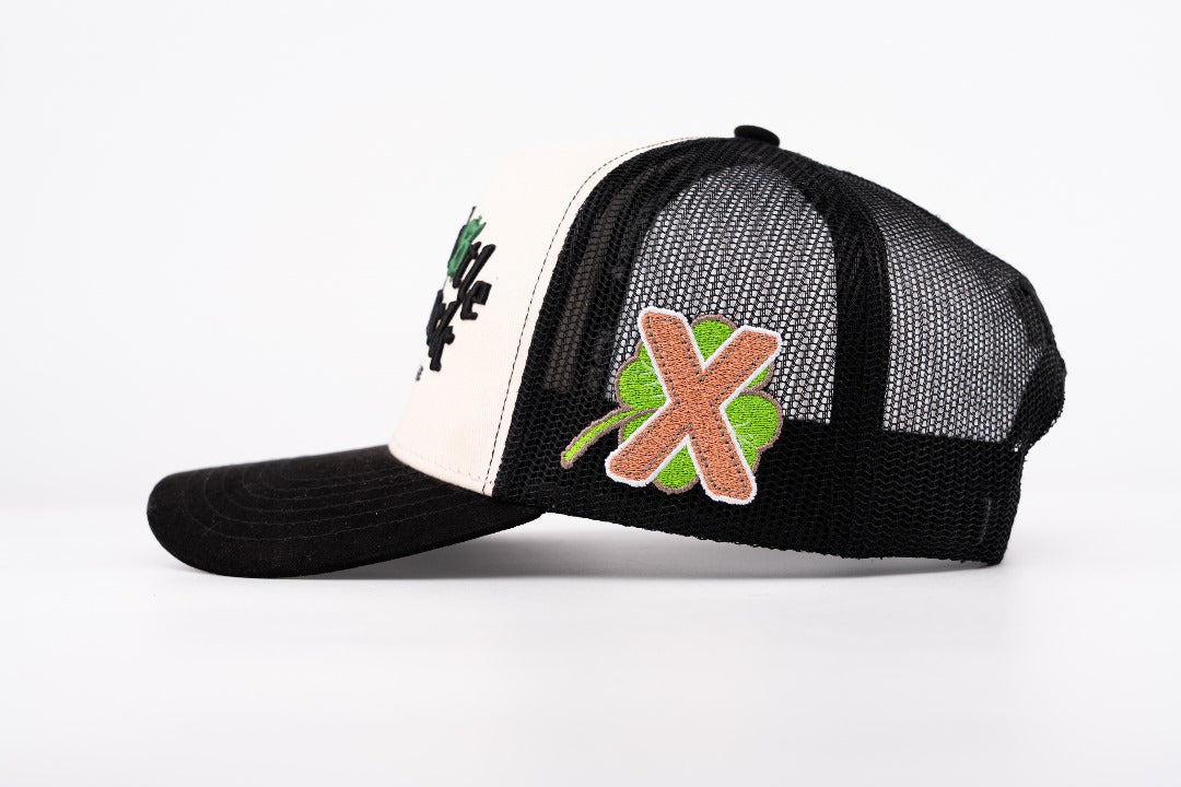 NEW! ALL HUSTLE NO LUCK OFF-WHITE & BLACK TRUCKER SNAPBACK